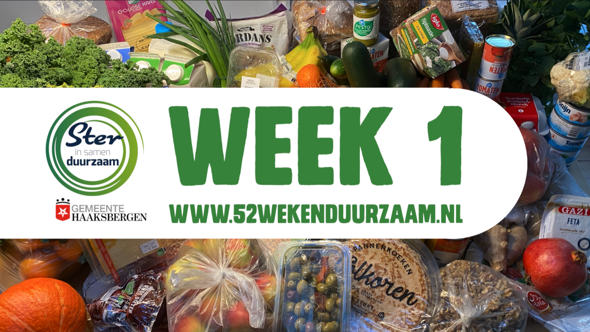 Foto met logo's en weeknummer 1, voorzien van foto van boodschappen